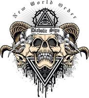 signe gothique avec crâne à cornes, t-shirts design vintage grunge vecteur