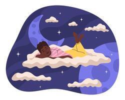 Jeune homme dans pyjamas en train de dormir dans des nuages. concept de en bonne santé dormir, rêves. plat illustration. vecteur