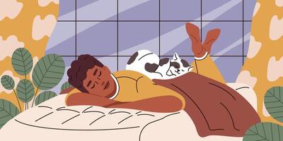 homme dort avec chat ensemble. mode de vie de chat propriétaire, animal de compagnie thérapie, animaux pour émotif soutien. plat illustration. vecteur