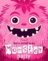 monstre fête invitation. content anniversaire salutation carte. de fête carte postale avec une duveteux dessin animé monstre. conception avec une mignonne créature pour votre fête événement. en couches modèle avec texte. vecteur