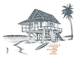 Fait main illustration avec gratuit et dépouillé lignes de plage maison avec planches de surf. vecteur