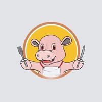 étiquette de cercle de tête d'hippopotame avec couteau et fourchette vecteur