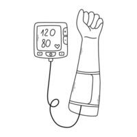 du sang pression la mesure. électronique tonomètre. hypertension illustration isolé sur blanc Contexte. griffonnage style. vecteur