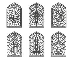 église coloré les fenêtres avec religieux Pâques symboles. Christian mosaïque verre arches ensemble avec traverser Colombe tasse et Oeuf isolé sur blanc Contexte. contour illustration vecteur