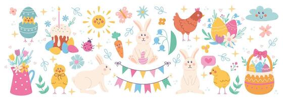 content Pâques mignonne gros ensemble. lapin, œuf, fleur et autre printemps éléments. dessin animé illustration vecteur