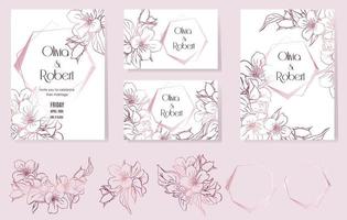 invitations de mariage élégantes avec un fond floral rose abstrait et un ensemble d'éléments de conception pour eux. vecteur