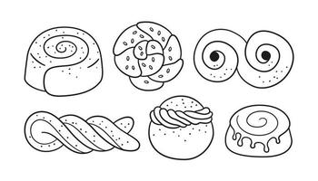 brioches à la cannelle avec du sucre. ensemble de petits pains tourbillonnants. illustration vectorielle isolé dessinés à la main vecteur