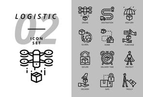 Pack d&#39;icônes pour la logistique, la livraison par drone, la destination, le maintien au sec, la logistique globale, la maison, l&#39;achat, la sécurité, le délai de livraison, la protection, la livraison, la sécurité, le transport. vecteur