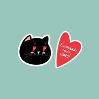 autocollant illustration avec chat noir et coeur rouge sur fond bleu dessin pour la saint valentin vecteur