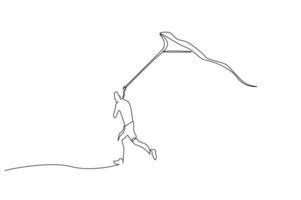 enfant en volant une cerf-volant à l'extérieur content courir activité un ligne art conception vecteur