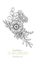 tournesols ligne art, bien ligne tournesols main tiré illustration. bien ligne tournesols illustration. floral ligne art. noir et blanc tournesols graphique vecteur