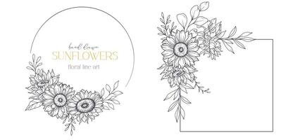 tournesols ligne dessin. tournesol Cadre ligne art. floral Cadre. floral ligne art. bien ligne tournesol illustration. main tiré contour fleurs. botanique coloration page. mariage invitation fleurs vecteur