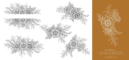 tournesols ligne dessin. tournesol Cadre ligne art. floral Cadre. floral ligne art. bien ligne tournesol illustration. main tiré contour fleurs. botanique coloration page. mariage invitation fleurs vecteur