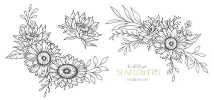 tournesols ligne art, bien ligne tournesols main tiré illustration. bien ligne tournesols illustration. floral ligne art. noir et blanc tournesols graphique vecteur