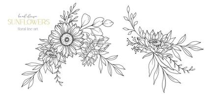 tournesols ligne art, bien ligne tournesols main tiré illustration. bien ligne tournesols illustration. floral ligne art. noir et blanc tournesols graphique vecteur