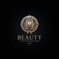 beauté salon avec ciseaux et feuille ornement ligne art étiquette logo illustration conception. Facile moderne beauté centre, mode boutiques, la Coupe de cheveux salon logo concept vecteur