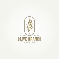 minimaliste olive branche badge étiquette logo illustration conception. Facile moderne olive huile, bien-être, santé et beauté logo concept vecteur