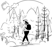 illustration de une femme randonnée dans le forêt. plat style. vecteur