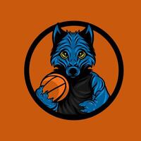 Loup en portant une basket-ball, basketball club mascotte ou logo vecteur