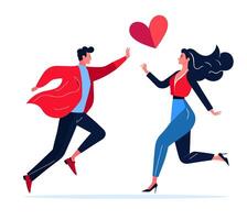 amoureux gens courir après chaque autre, interagir avec date limite l'amour concept. infographie amoureux travail en équipe, isolé sur blanc collection. plat homme femme activité plat illustration vecteur