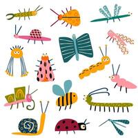 une ensemble de différent insectes dans enfants plat style. scarabée, coccinelle, fourmi, papillon, libellule, chenille, mille-pattes agrafe art vecteur
