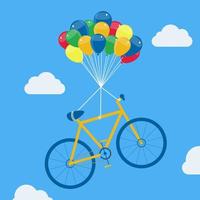 vélo s'élevant avec des ballons. vélo suspendu à des ballons d'hélium, flottant et planant dans le ciel. vecteur
