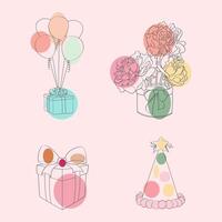 une rose Contexte est orné avec coloré des ballons, une enveloppé cadeau boîte, et une de fête fête chapeau. le vibrant décorations créer une joyeux et fête atmosphère vecteur