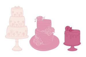 Trois distinct Gâteaux sont affiché sur une tableau. chaque gâteau Caractéristiques une unique conception et saveur, mettant en valeur le variété de les options disponible pour dessert les amoureux vecteur