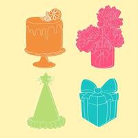 une décoratif gâteau, une coloré cadeau boîte, et une vase de Frais fleurs sont arrangé soigneusement sur une brillant Jaune Contexte vecteur