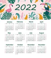 calendrier 2022 avec toucans, flamants roses, cactus, feuilles exotiques. vecteur