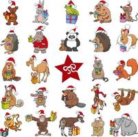 personnages d'animaux de dessin animé avec des cadeaux sur le grand ensemble de noël vecteur
