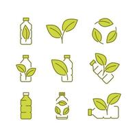 recycler la bouteille en plastique. icônes biodégradables. icônes de bouteille en plastique avec des feuilles vertes. production de matériaux compostables respectueux de l'environnement. zéro déchet, concept de protection de la nature vecteur