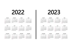 calendrier 2022, année 2023. la semaine commence le dimanche. modèle d'organisateur annuel. conception de maquette de calendrier en couleurs noir et blanc, vacances en couleurs rouges vecteur