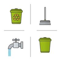 ensemble d'icônes de couleur de service de nettoyage. protection de l'environnement. eau courante du robinet, corbeilles de recyclage, vadrouille. illustrations vectorielles isolées vecteur