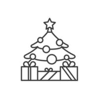 arbre du nouvel an avec icône linéaire étoile et cadeaux. illustration de la ligne mince. arbre de Noël décoré avec le symbole de contour de cadeaux. dessin de contour isolé de vecteur