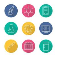 jeu d'icônes plat linéaire grandissime de laboratoire scientifique. microscope, structure moléculaire, liste de contrôle des tests, bécher avec liquide, virus, ordinateur de laboratoire, pipette, tubes à essai et pot. illustration de la ligne vectorielle vecteur