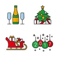 ensemble d'icônes de couleur de noël et du nouvel an. bouteille de champagne et verres, arbre de Noël décoré, traîneau du père noël plein de cadeaux, babioles 2017. illustrations vectorielles isolées vecteur