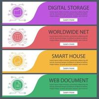 ensemble de modèles de bannière numérique. cybertechnologie. dossier, réseau mondial, maison intelligente, document Web. éléments de menu de site Web avec des icônes linéaires. bannière web couleur. concepts de conception d'en-têtes de vecteur