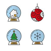 ensemble d'icônes de couleur de jouets de noël et du nouvel an. boule de sapin de Noël, boules à neige avec maison, sapin et flocon de neige à l'intérieur. illustrations vectorielles isolées vecteur