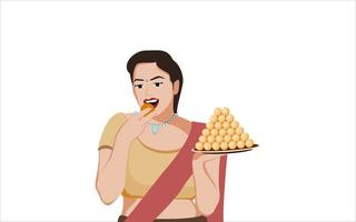 fille indienne avec laddoo - bonbon indien, illustration de caractère sur fond blanc. vecteur