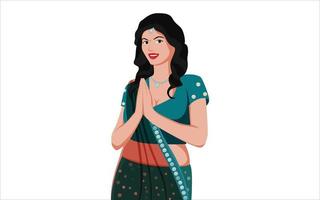 illustration vectorielle d'une jolie fille indienne dans la pose de namaste, bannière créative de célébration de diwali pour les promotions des médias sociaux. vecteur