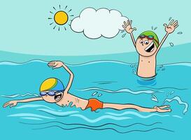 dessin animé garçons personnages nager dans le l'eau vecteur