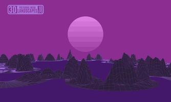 maillage de polygone de montagnes néon violet avec la lune vecteur
