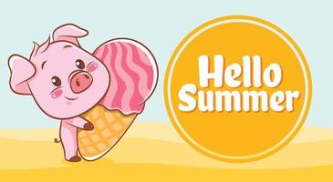 cochon mignon avec une bannière de voeux d'été. vecteur