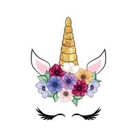 mignonne Licorne avec floral couronne et or briller corne. main tiré illustration vecteur