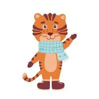 bébé tigre chinois avec des cadeaux. boîte avec des cadeaux. fun flat.vector isolé sur illustration de dessin animé wite vecteur