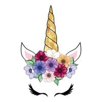mignonne Licorne avec floral couronne et or briller corne. main tiré illustration vecteur