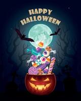 Halloween carte avec bonbons dans citrouille et plein lune vecteur