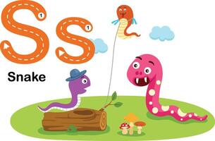 alphabet lettre s-serpent avec dessin animé vocabulaire illustration, vecteur