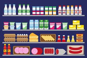 supermarché étagères avec nourriture et boissons. laitier, des œufs et saucisse sur le réfrigérateur étagères. vecteur